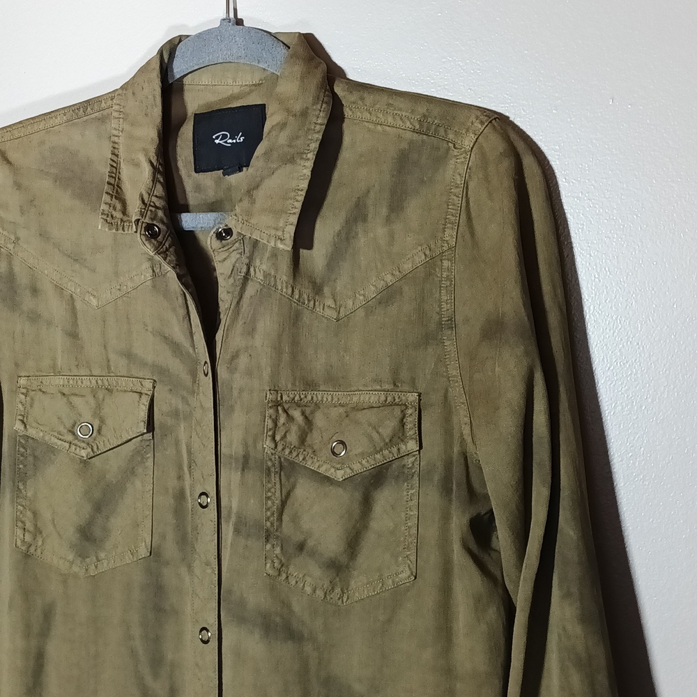 Rails Sandra Olive Black Tye Dye Button-Up Dress Shirt Lagenlook Small - Picture 4 of 12